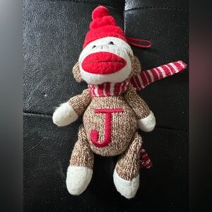 Knitted Sock Monkey Ornament with Letter J On Front, Red Hat and Scarf